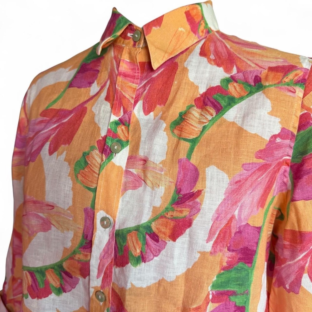 Chico's orange floral linen button up shirt size 8 (medium) like new summer - Picture 5 of 7